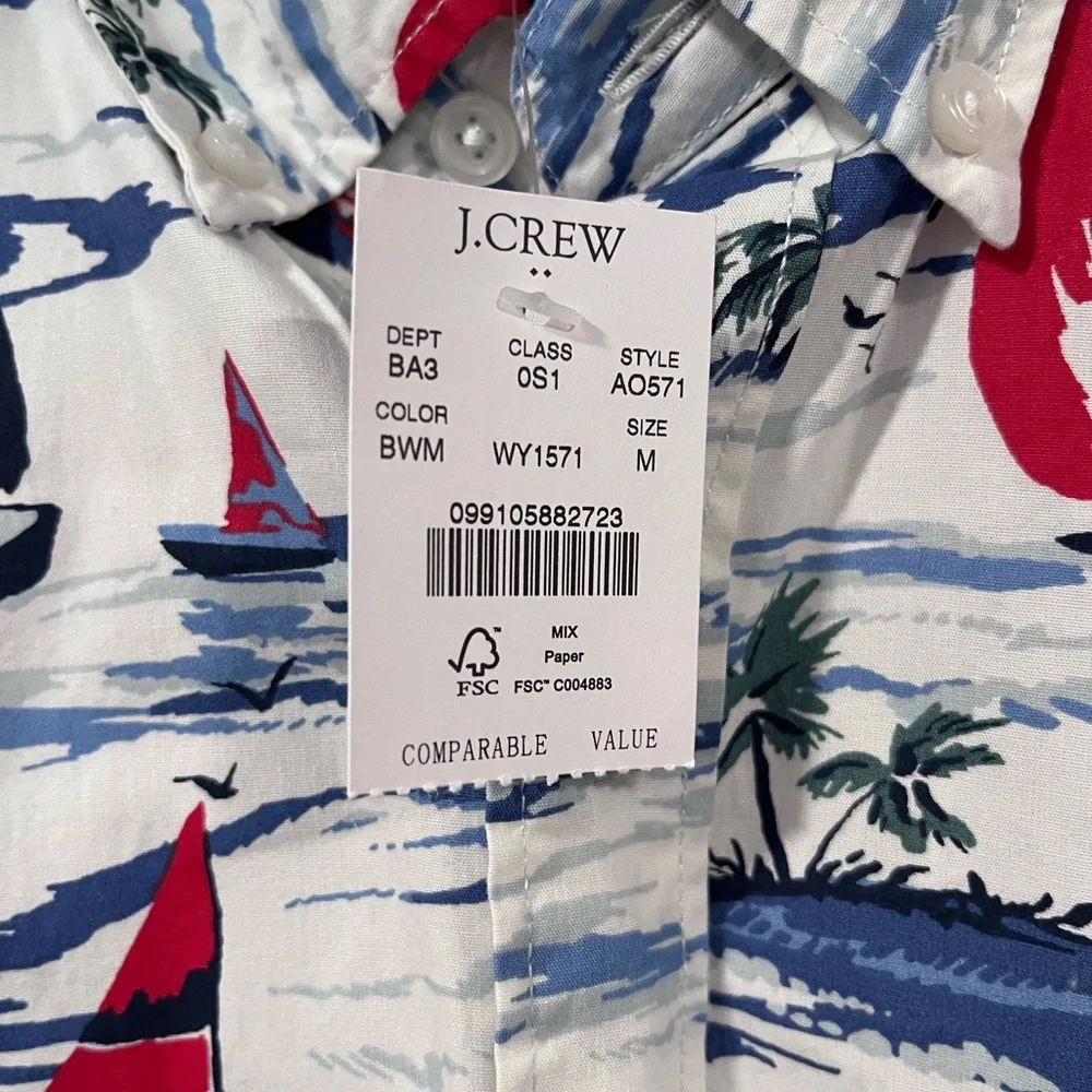 J.Crew Men's Nautical Flex Washed Short-Sleeve Shirt with Multi Color Sailboat M